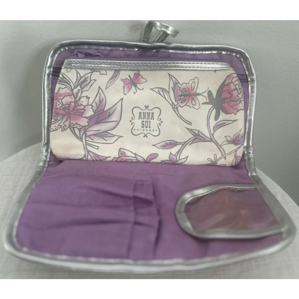 Vintage New Anna Sui Pouch Makeup Bag Case 9”x5” Floral Multi Compartment Purple